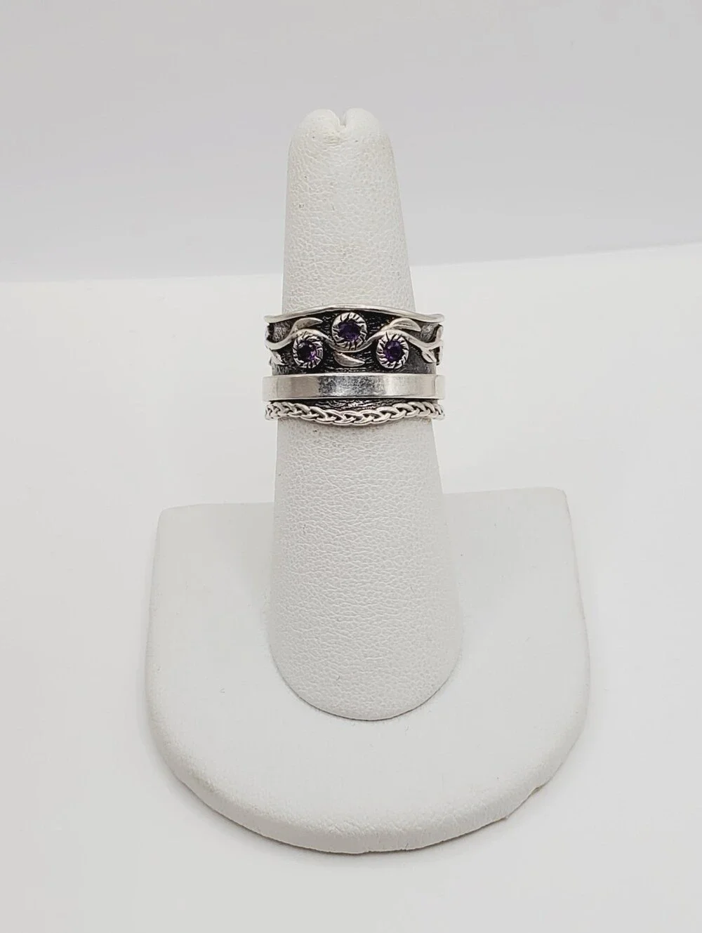 Genuine Amethyst 925 Sterling Silver Fidget Spinner Braided Band Leaf Ring - Picture 3 of 11
